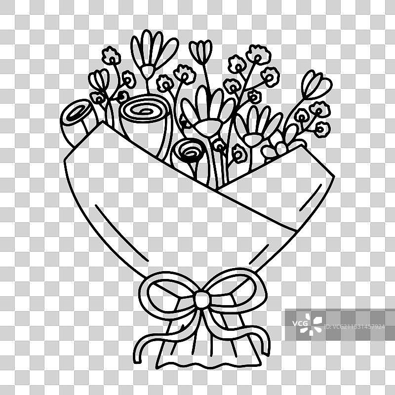 带蝴蝶结的花束涂色页图片素材