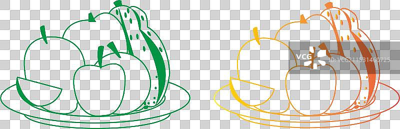 绿色背景上的健康食品水果盘画作图片素材