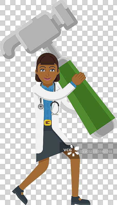 亚洲女医生手持锤子吉祥物图片素材