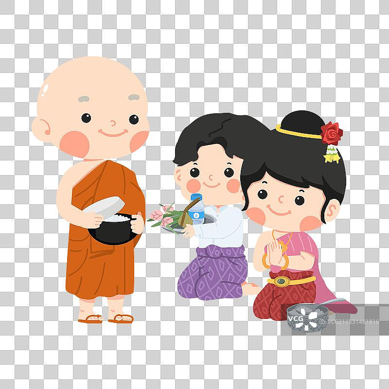 佛教僧侣接受一对夫妇的食物供养图片素材