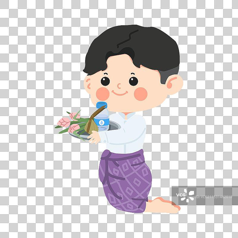 穿着泰国服饰的小男孩在提供食物图片素材