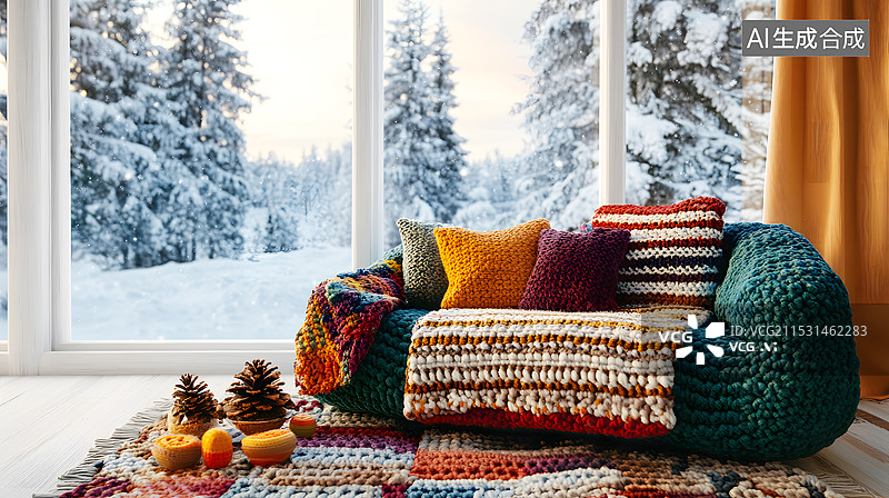 【AI数字艺术】AIGC:窗外的冬季雪景个温暖的客厅沙发图片素材