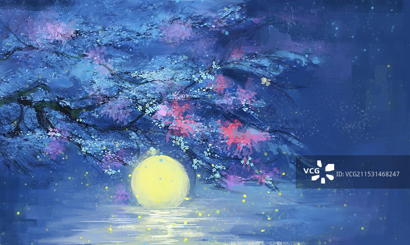 落花流水夜景，春江花月夜图片素材