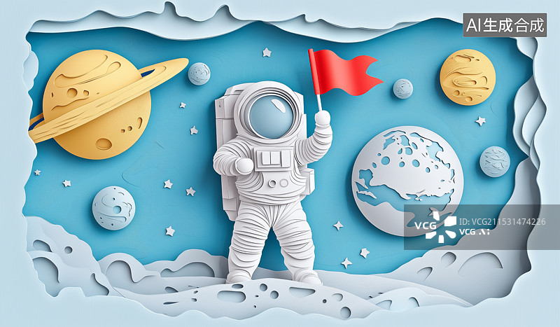 【AI数字艺术】剪纸风格站在宇宙天空星球上的宇航员插画图片素材
