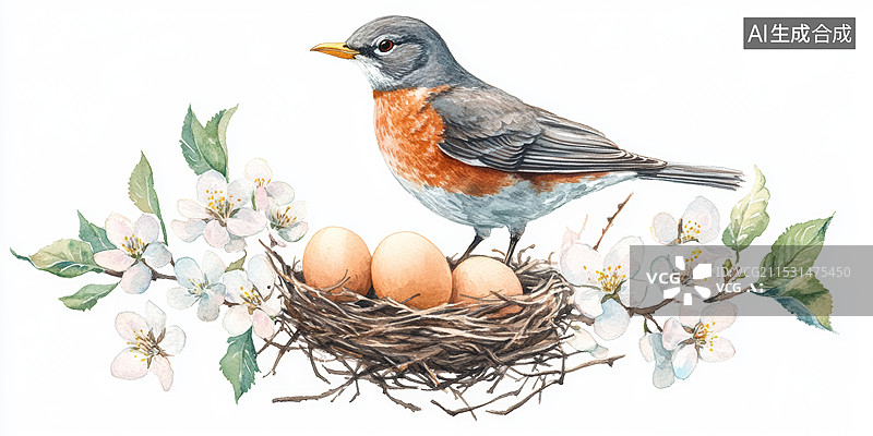 【AI数字艺术】一只站在鸟巢上的小鸟，鸟巢里有几颗蛋。背景是白色的，周围点缀着粉色的花朵和绿色的叶子。图片素材