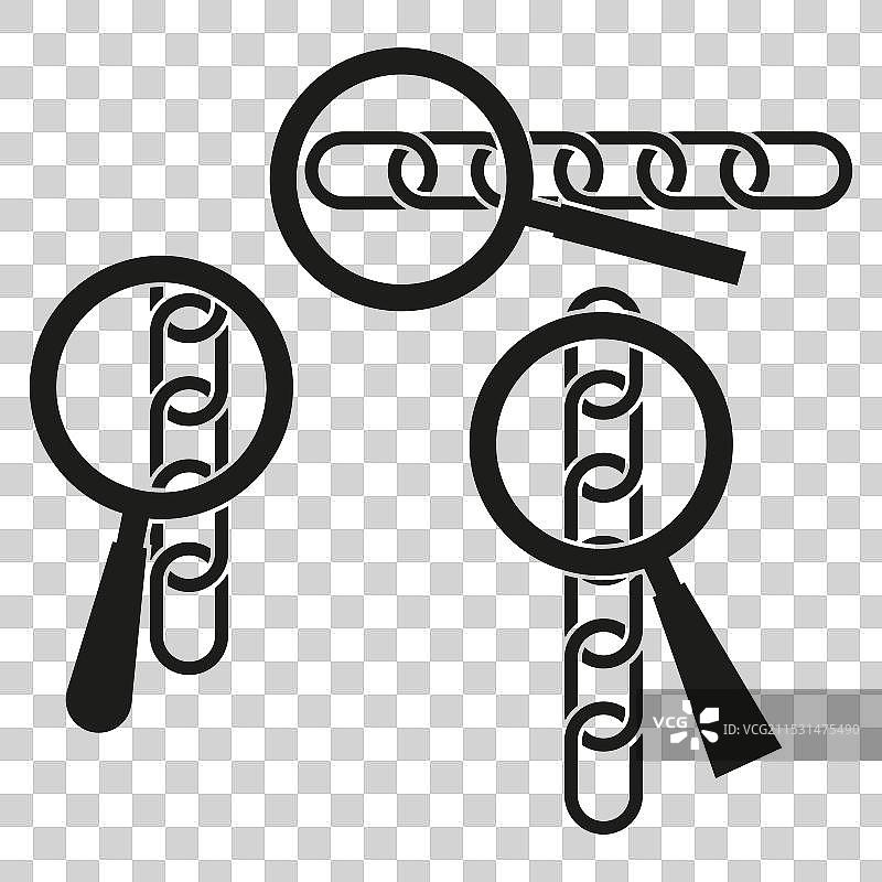 放大镜和链条图标链接检查图片素材