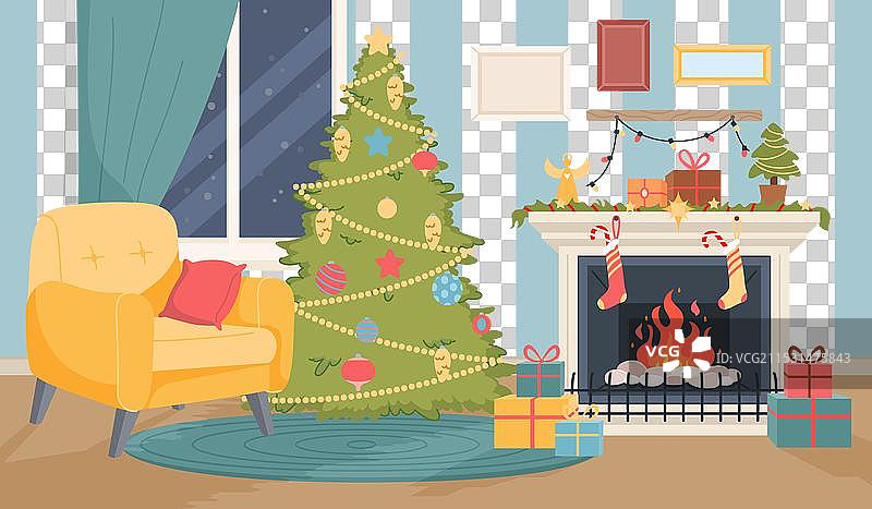 圣诞节室内装饰与壁炉家庭炉边图片素材