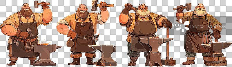 中世纪铁匠农民工匠在锻炉工作图片素材