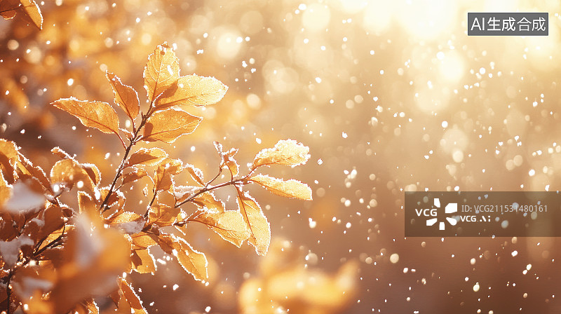 【AI数字艺术】冬天积雪的树叶和飘落的雪花图片素材