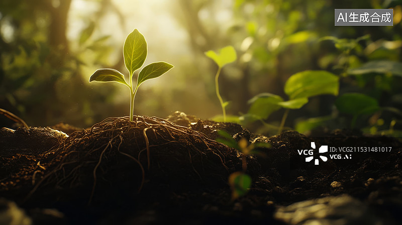 【AI数字艺术】一株在阳光生长的小树苗特写图片素材