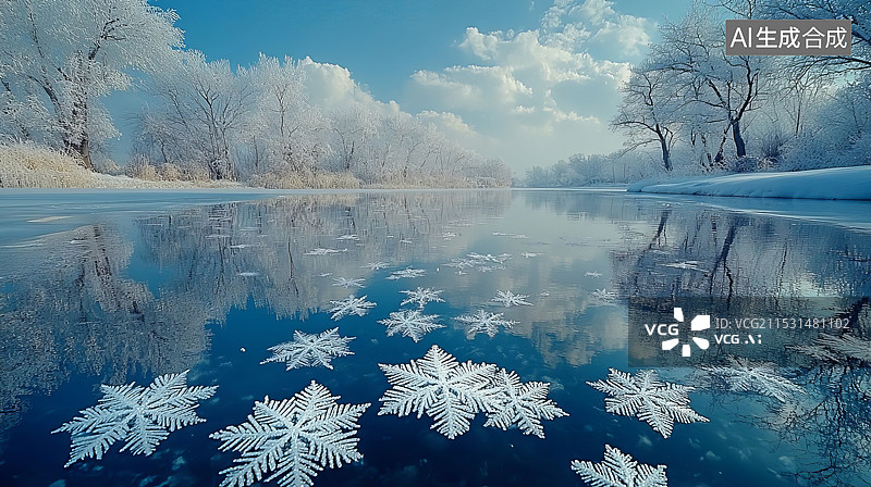 【AI数字艺术】冬季冬天下雪后，宁静的湖面和树林图片素材