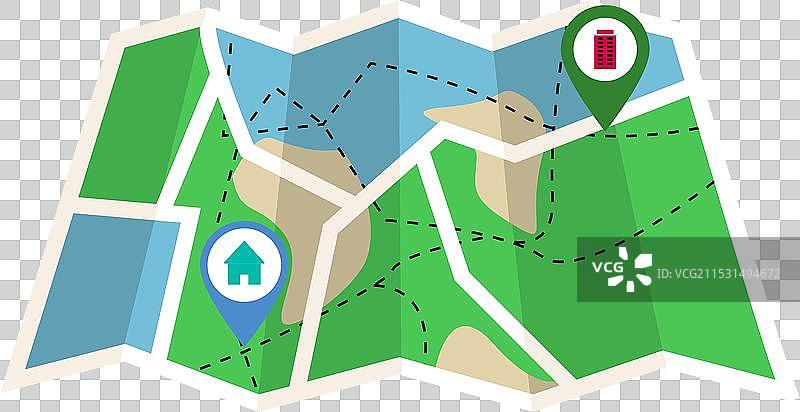 带有家庭到办公室GPS导航的地图，标记两个点图片素材