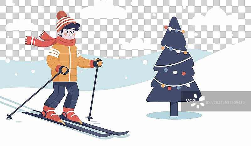 年轻男子在冬季运动中滑雪的彩色卡通画图片素材