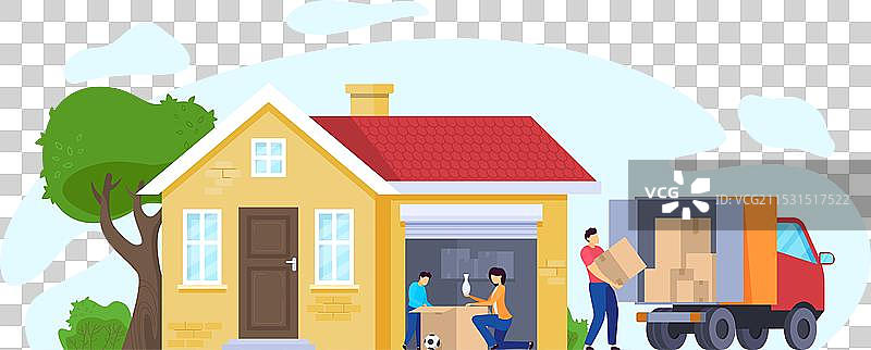 家庭搬入新家，正在拆箱。图片素材