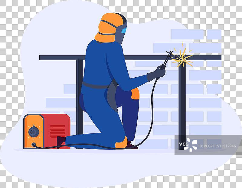 穿着蓝色工作服的焊工在焊接金属图片素材