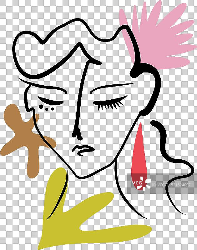 马蒂斯风格的年轻女孩线条肖像，极简主义图片素材