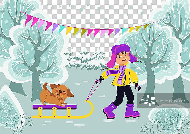 一个快乐的男孩拉着一只可爱的小狗在雪橇上。图片素材