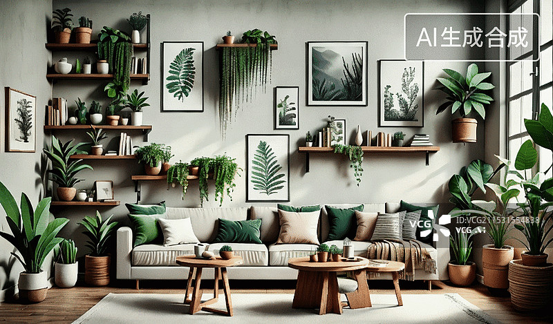 【AI数字艺术】绿植装饰的现代客厅图片素材