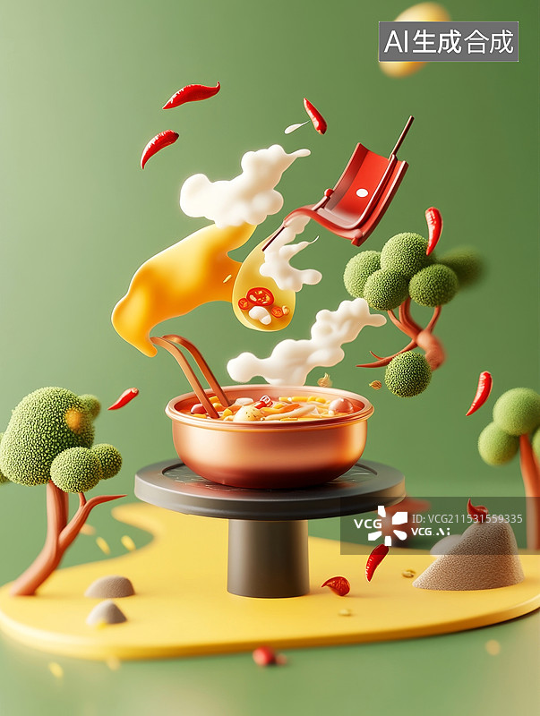 【AI数字艺术】3D中式火锅炒菜图片素材