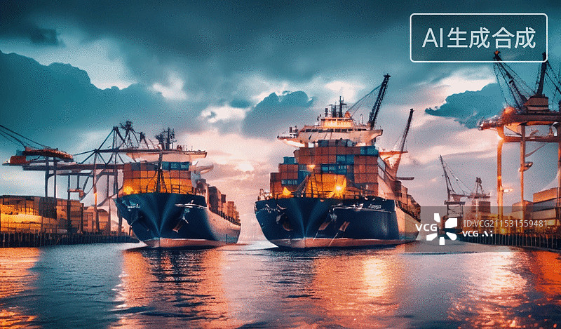 【AI数字艺术】黄昏时分的港口货运景象图片素材