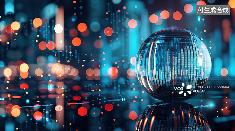 【AI数字艺术】城市夜景背景下的一颗显示经济和股市数据的水晶球图片素材