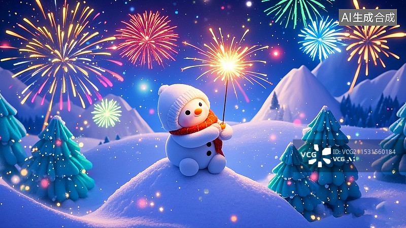 【AI数字艺术】圣诞节满天烟花雪地里的雪人图片素材