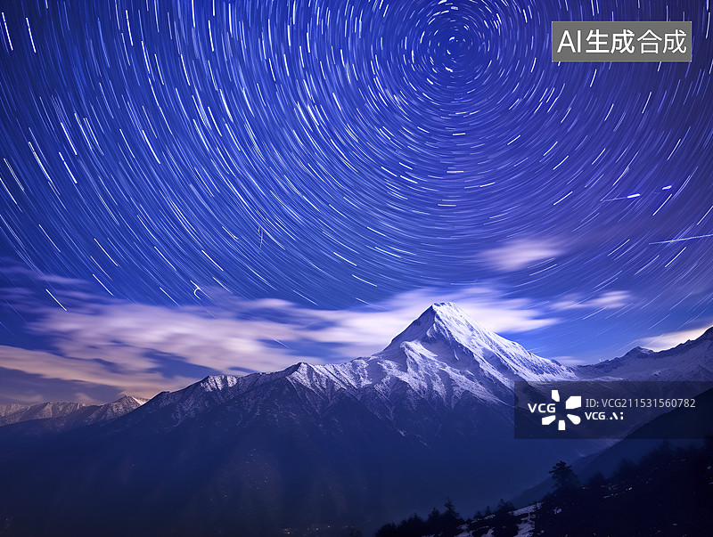 【AI数字艺术】夜幕下的雪山和星轨图片素材