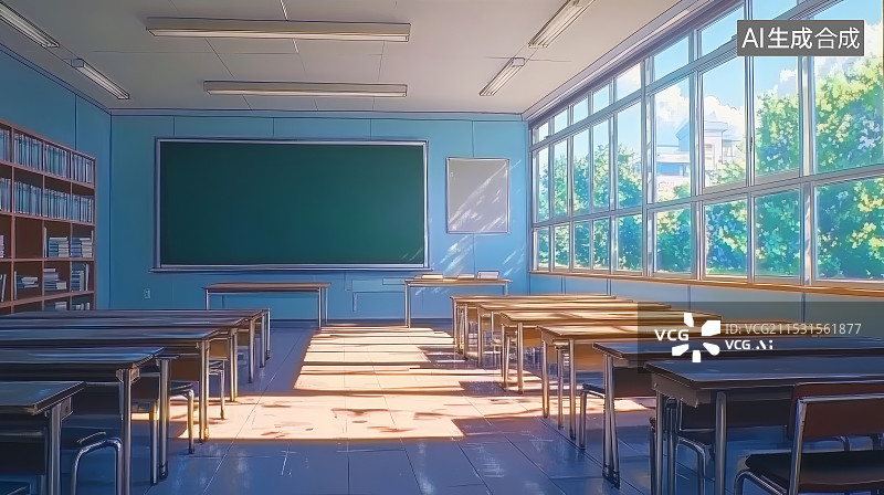 【AI数字艺术】温暖阳光下校园教室黑板课桌室内场景图片素材