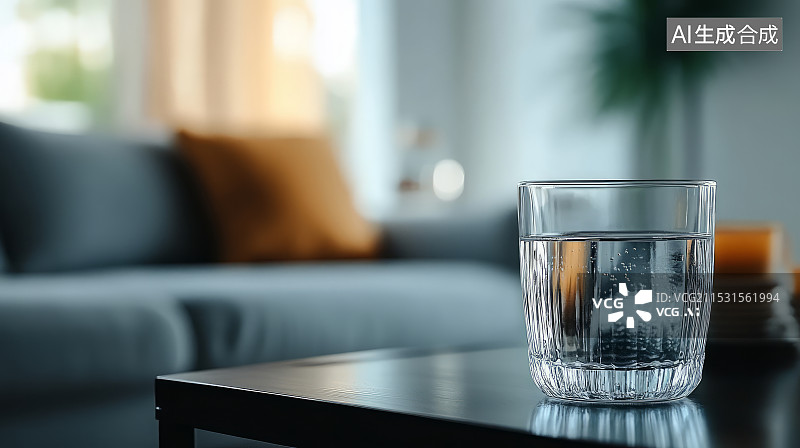 【AI数字艺术】客厅桌面上一杯水，健康生活方式概念图片素材