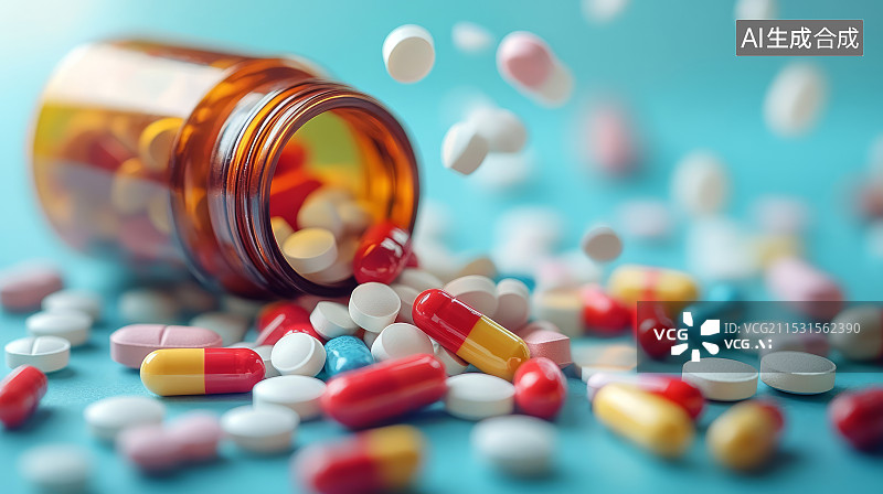 【AI数字艺术】药瓶倒出胶囊和药丸药片，医药主题概念图片素材