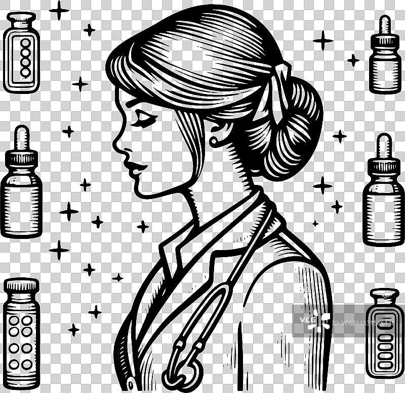 穿着黑色的女医生的疫苗接种档案图片素材