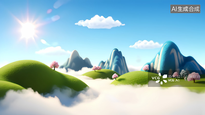 【AI数字艺术】春天毛绒质感山水插画图片素材