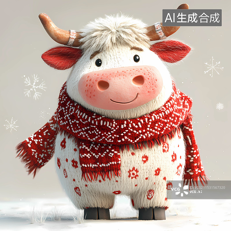 【AI数字艺术】可爱小牛冬季毛绒绒毛线十二生肖3D免抠元素图片素材