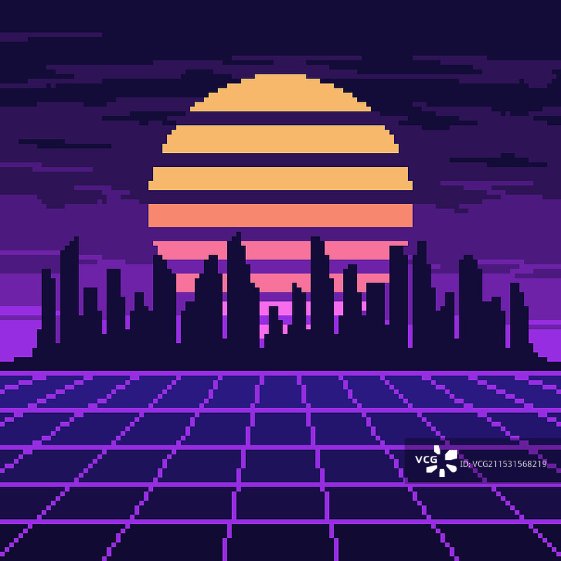 像素合成波紫色网格与夜晚城市图片素材
