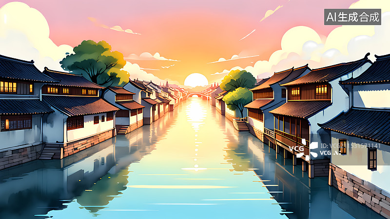 【AI数字艺术】江南水乡古镇插画图片素材