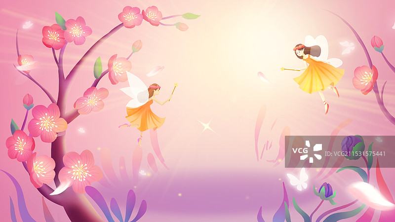 小清新的花和小精灵浪漫氛围插画图片素材