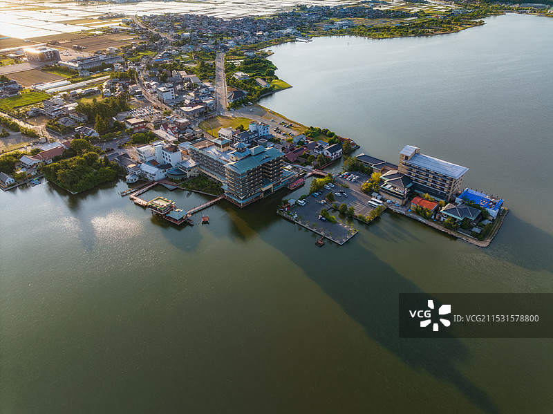 日本本州，中国地区，汤梨滨町，东乡湖，東鄉池，东乡温泉，望湖楼，山阴八景，日本唯一的湖上温泉，航拍图片素材