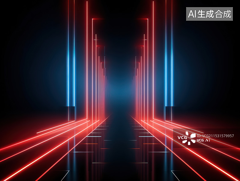 【AI数字艺术】黑色背景下的彩色霓虹灯效果光线抽象概念背景图插画图片素材