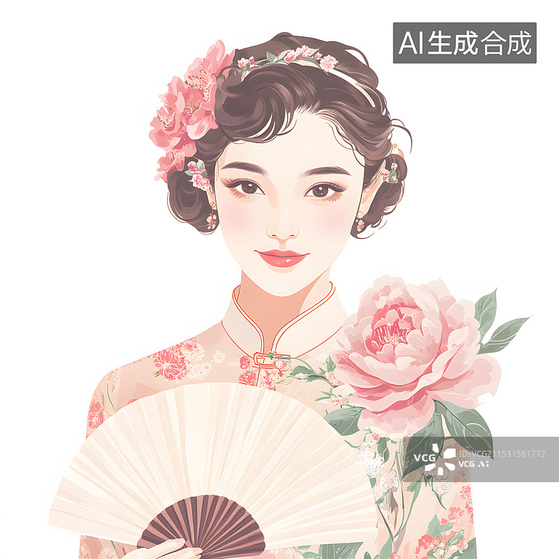 【AI数字艺术】民国风穿着旗袍拿着折扇的女人图片素材