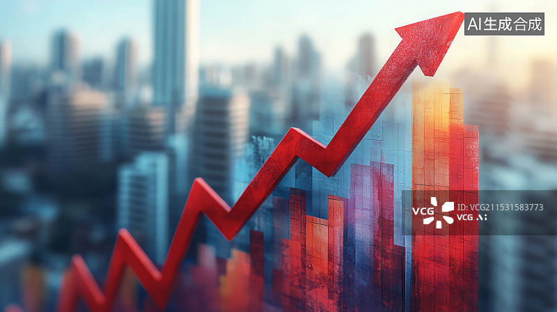 【AI数字艺术】商业房地产建筑和上升的红色箭头，房价上涨走势概念图片素材