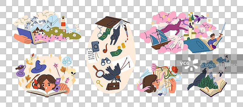 阅读书籍与幻想的想象世界图片素材