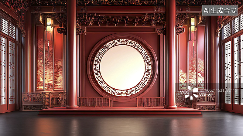 【AI数字艺术】中式古代建筑室内舞台展台背景图片素材