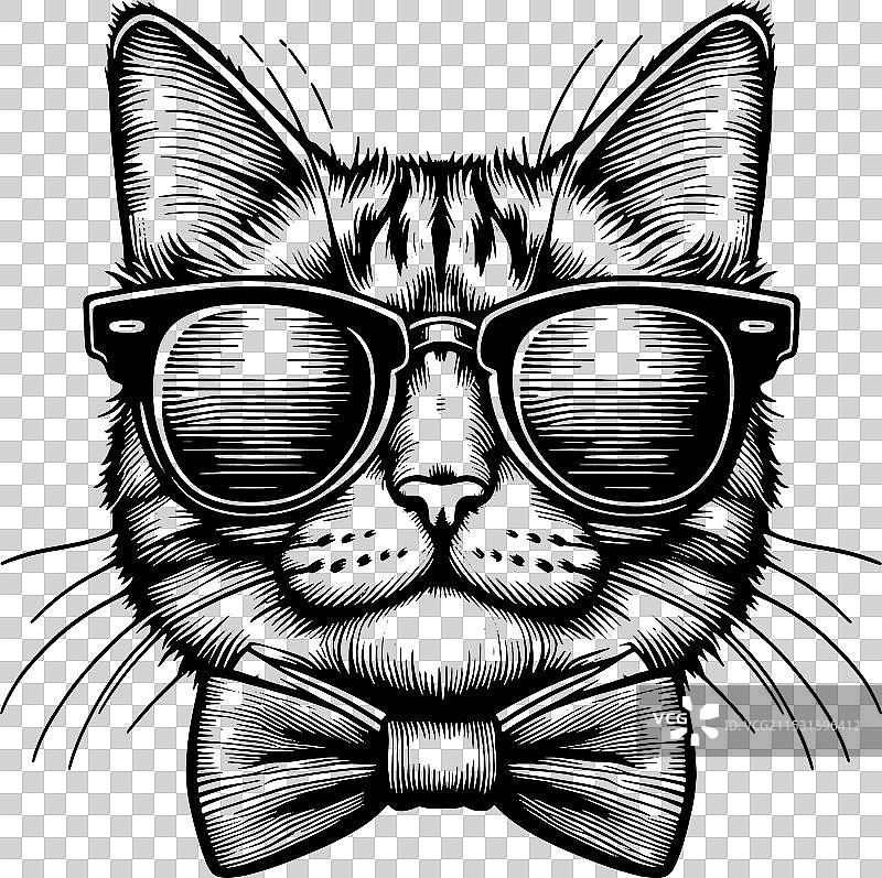 戴着太阳镜的猫，黑白细节丰富图片素材