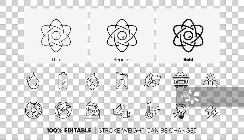 能源类型线条图标：煤炭、手推车、太阳能图片素材