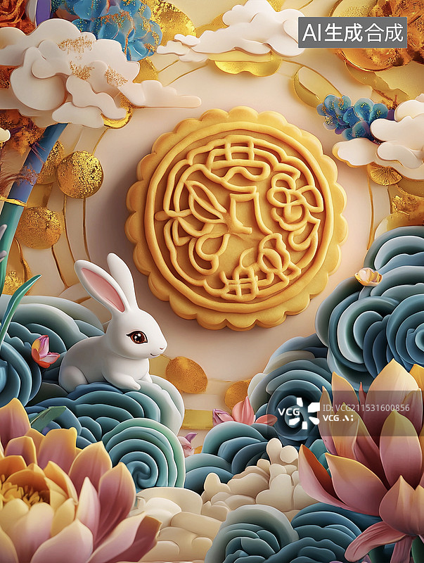 【AI数字艺术】中秋节立体国潮兔子月饼背景图片素材