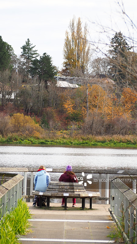 A person's back view sitting on a bench by the lake in autumn.图片素材
