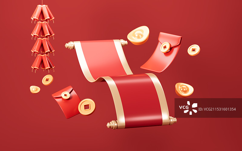 中国风空白卷轴和鞭炮红包等元素3D渲染图片素材
