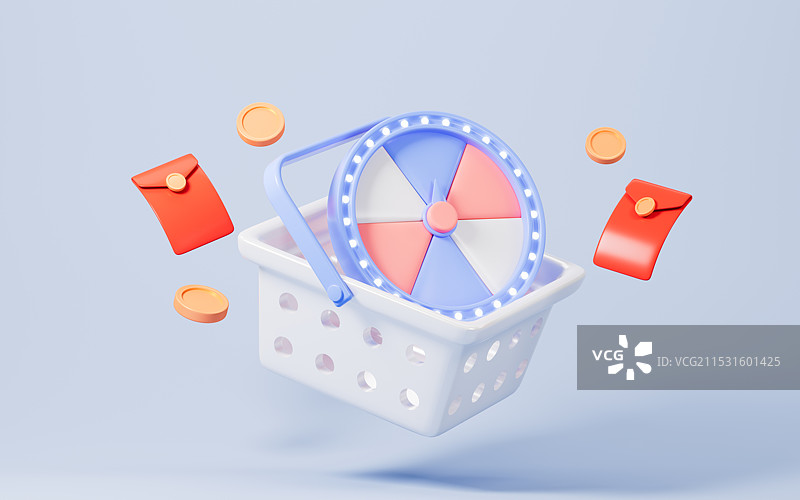 卡通抽奖盘和购物篮3D渲染图片素材