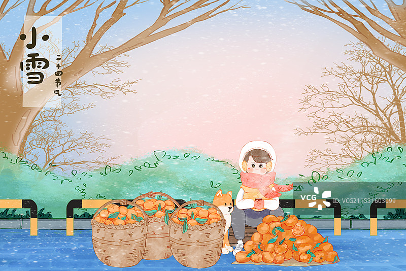 小雪节气冬天雪天女孩和狗卖桔子水彩手绘插画图片素材