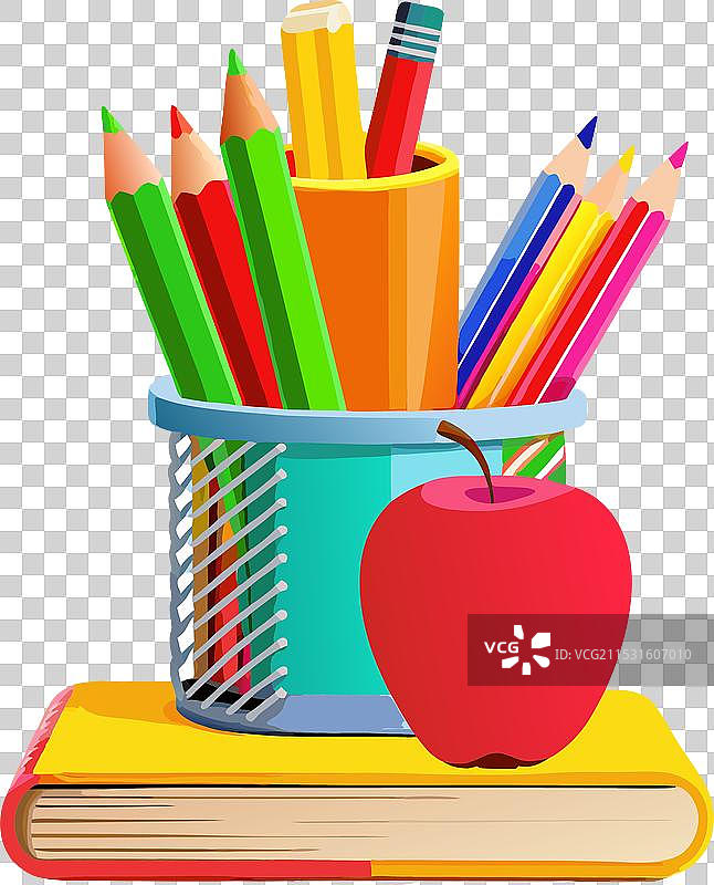 五颜六色的彩色铅笔放在书本上面的罐子里图片素材